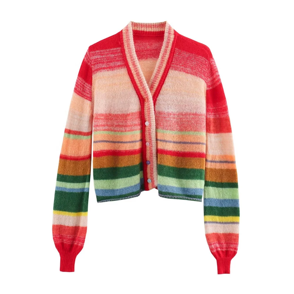 Taop&Za 2024 Autumn New Product Women\'s Fashion Leisure Versatile Rainbow Cardigan, Hairy Retro Sweater Knitted Coat