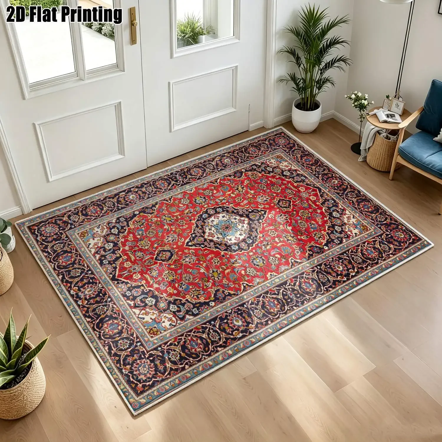 1Pc 2D Printed Velvet Carpet, Red Blue Persian Floral, Vintage Bohemian Geometric, Machine Washable, Multi-Size Home Decor Rug f