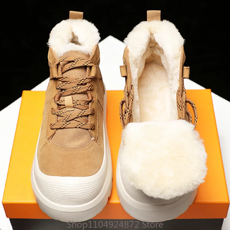 Vintage Fashion Genuine Leather Fur Snow Boots Men's Winter Thick Wool Cold Proof  Anti Slip High Top Casual Sport Cotton Shoes