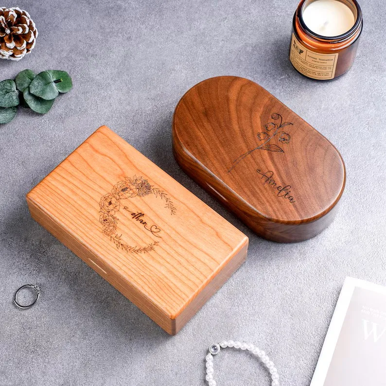 Custom Engraved Personalized Birth Flower Wooden Jewelry Box, Custom Name Engraved Gift for Her