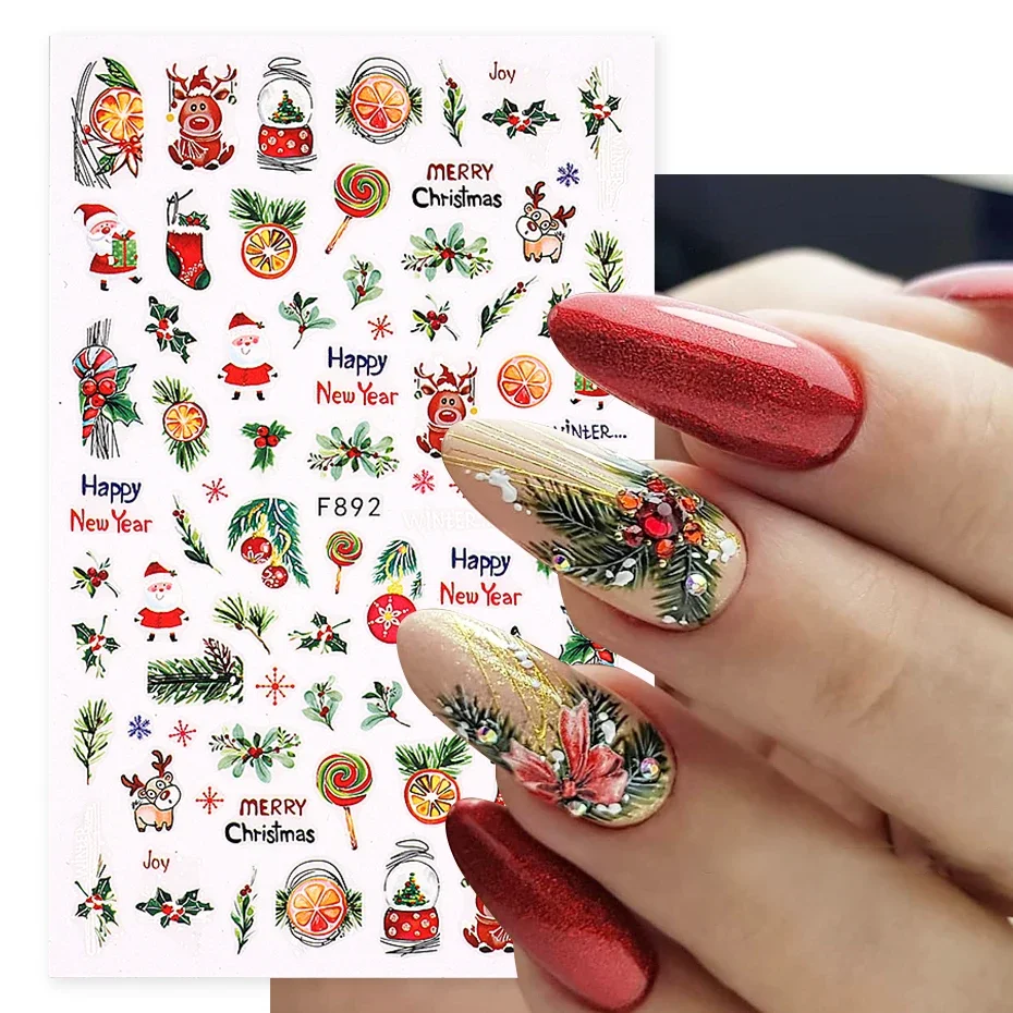 Winter Holly Christmas Nail Decal Sticker Geometry Tangerines Cartoon Penguin Santa Bird Design New Year Manicure Decoration Tip