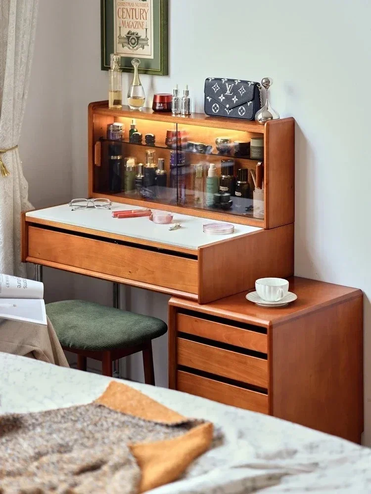 Retro solid wood dressing table bedside table integrated drawer cabinet dressing table telescopic small apartment desk stora