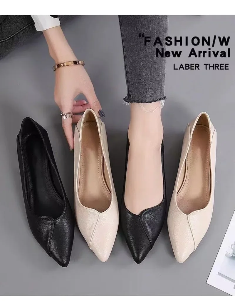 New 2023 Women Low Heels Pumps Pointed Toe Boat Shoes Square Heels Dress Shoes Black Basic Pump Leather Boat Shoes Autumn