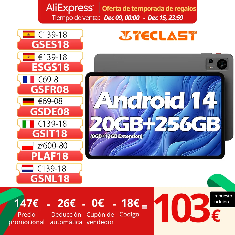 2024 TECLAST T60, Android 14 tablet, 12 inch 2K FHD 2000x1200, (8GB + 12GB)20GB RAM, ROM 256GB, 8000mAh, fast charging, UNISOC T616, 8 cores, 4G VoLTE, Wifi, 13MP + 5MP