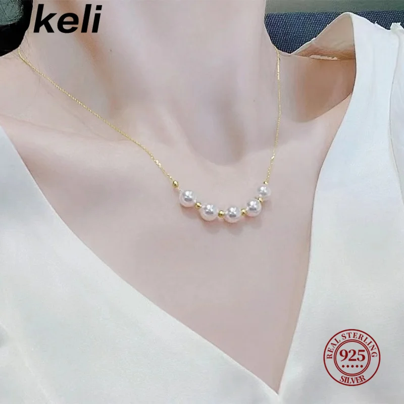 Natural Freshwater White AKOYA Pearl Smile Chain Advanced Design Ins Style S925 Sterling Silver Necklace Universal Adiustment