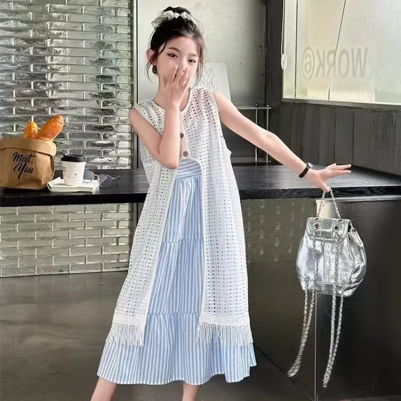 

New Design Kids Girl Two Piece Dress with Shawl for Holiday Child Princess Fashion Casual Cake Dress Set Age 6 7 8 11 13 14 Year