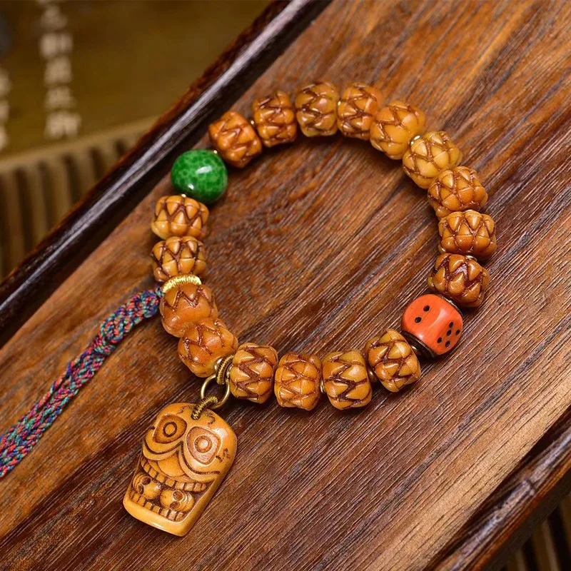 

Tibetan Single-Wrap Carved Devoured Agate Yak Bone Clip Colored Glaze Accessories Rosary Bracelet
