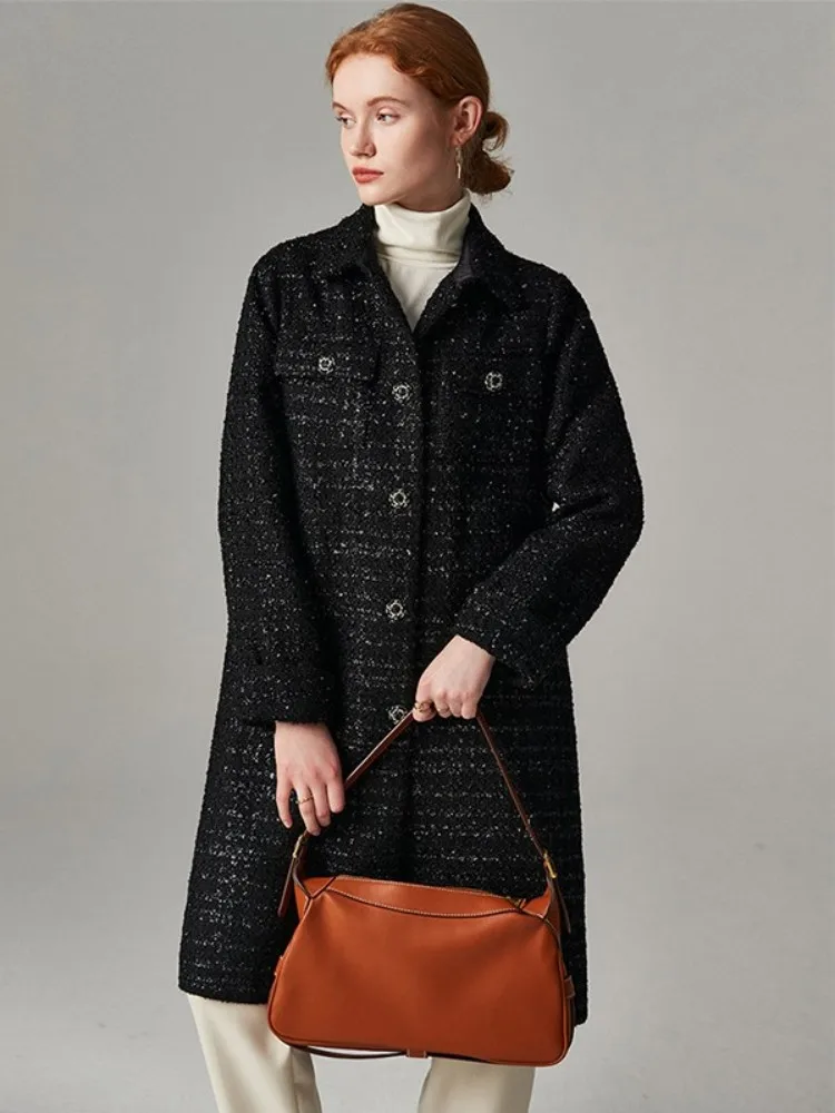 Designer Fashion Office Ladies Tweed Long Jacket Straight Single Breasted Elegant Woolen Coat New Autumn Casual Women Overcoat