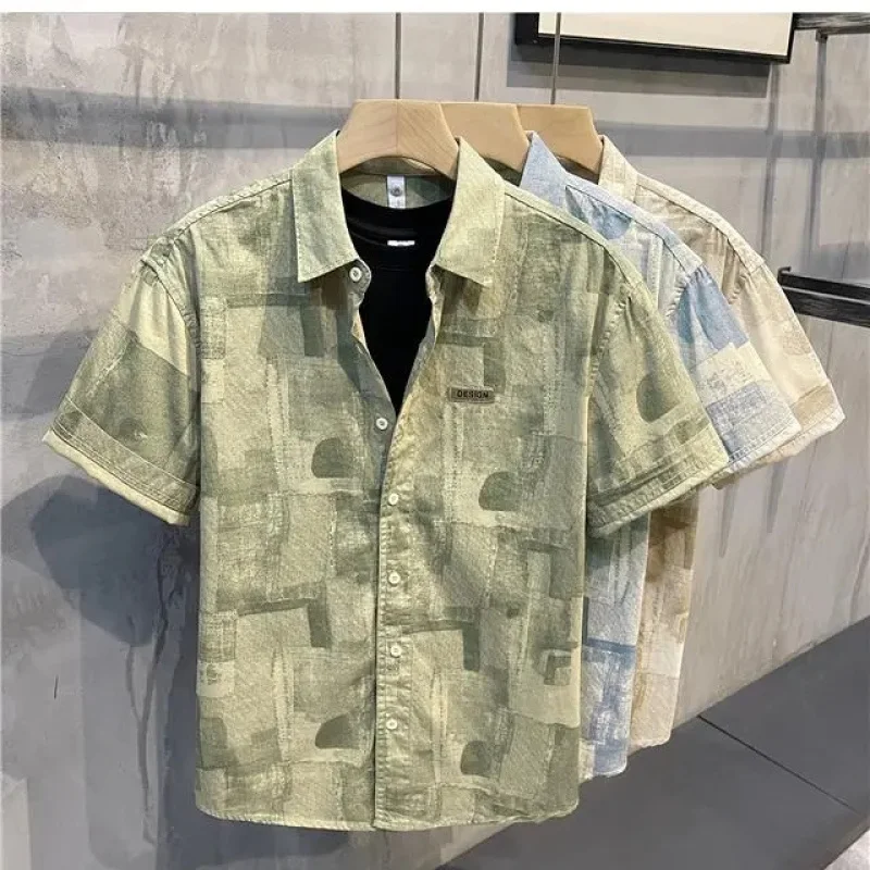 

2024 New Summer Korean Version Fashionable and Trendy Men's Color Blocking Print Collar Casual Loose Oversized Men's Shirt
