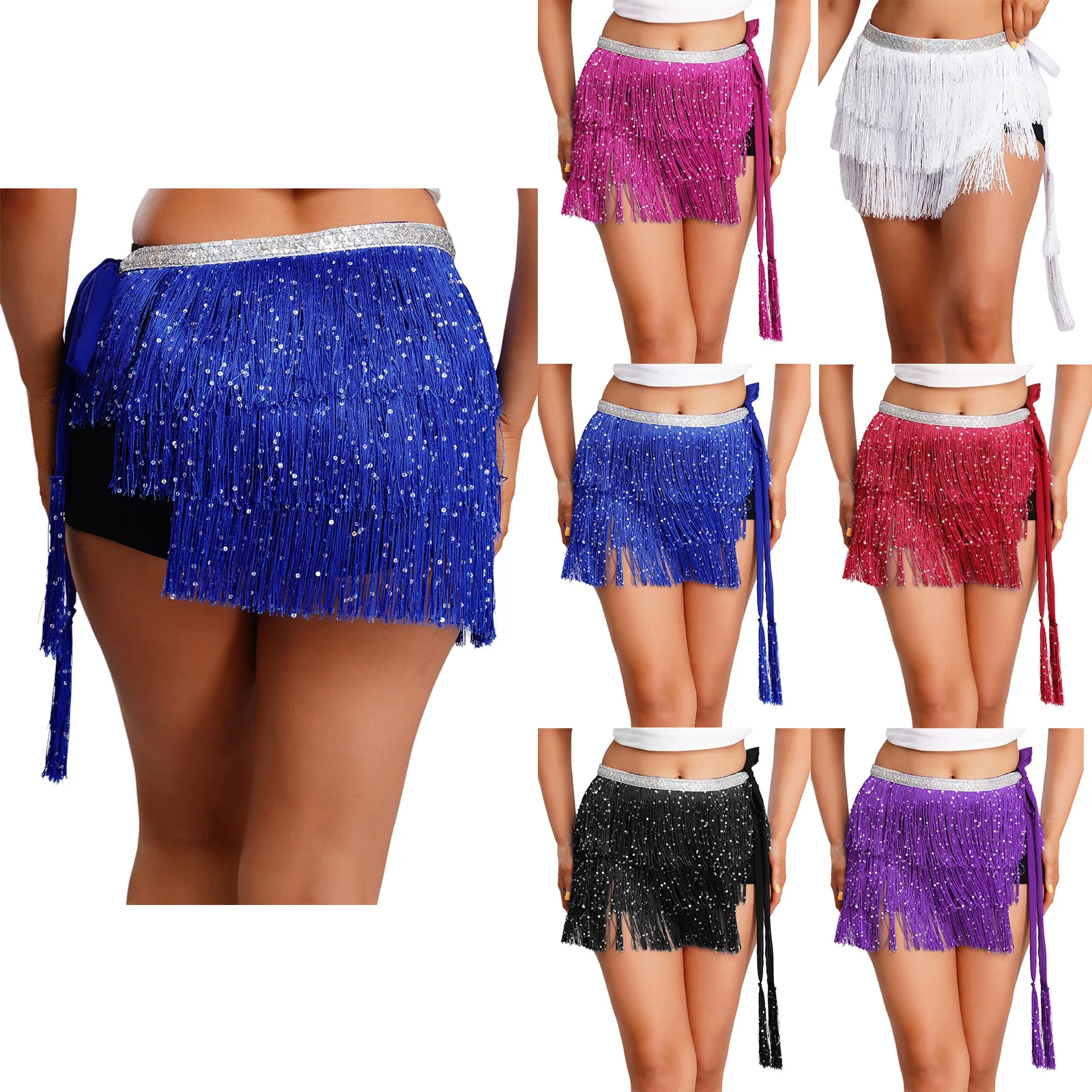 Women Belly Latin Cha-cha Jazz Dance Hip Scarf Waist Chain Sequin Tiered Tassel Lace-up Waist Skirt Hip Wrap Dancing Skirts