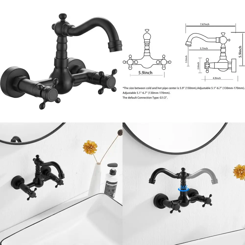 

Matte Black Double Handle Wall Mount Sink Faucet for Kitchen and Bathroom, Modern Design with Traditional Touch