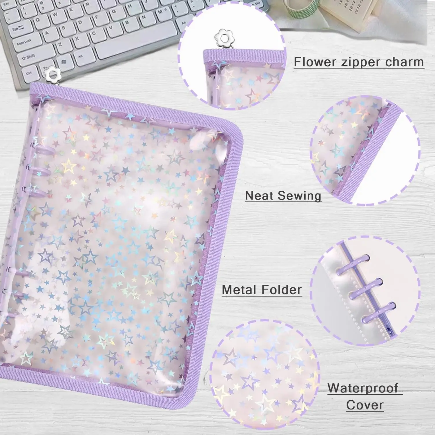 4-in-1 Aufkleber-Aufbewahrungsmappe mit transparentem Stern-Glitzer-Cover, A5, wiederverwendbarer Aufkleberbehälter, großer Bastel-Aufkleber-Organizer – Detail 3