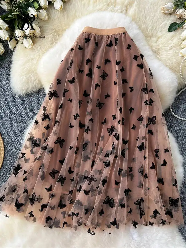 High Qulaity Embroidery Long Skirt Ladies Elastic Waist Butterfly Print Streetwear A Line Loose Mesh Party Skirt