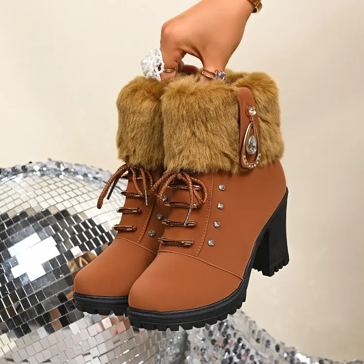 2025 New Large Velvet Warm Women's Shoes Round Head Thick Heel Middle Tube Flip Edge Side Zipper Boots