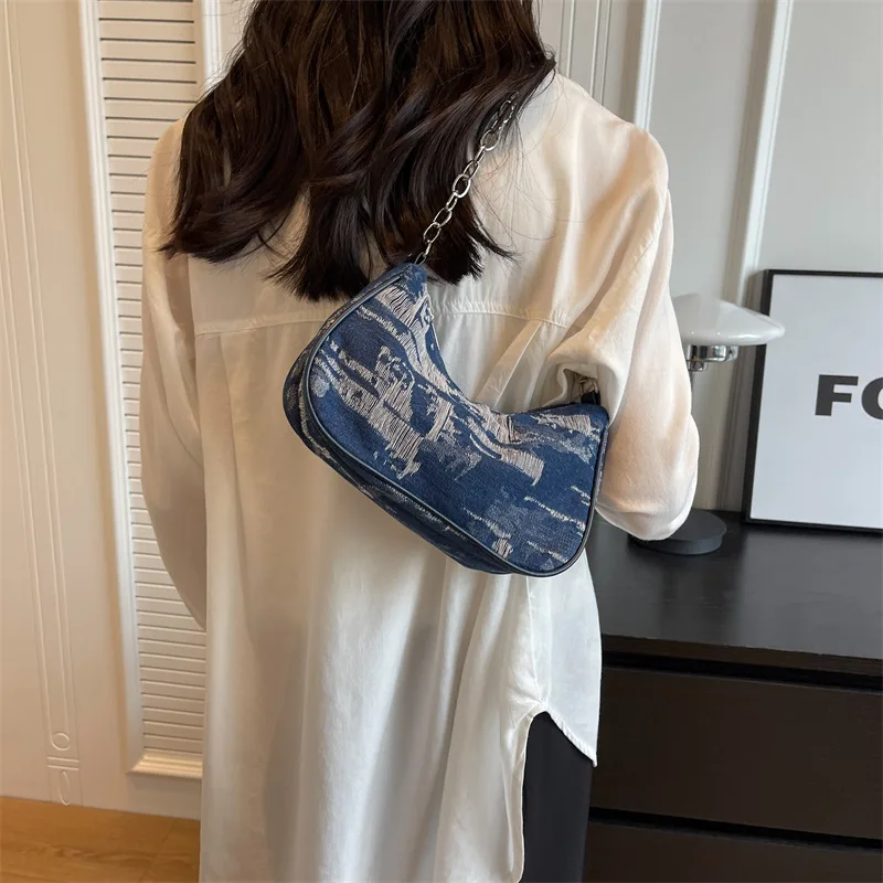 Denim Shoulder Bags Women Chic Minority Ins Korean Underarm Chain Bag All-match Vintage Hole Designer Handbag Female Ulzzang