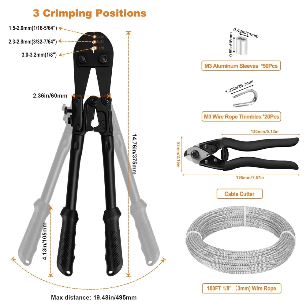 

Popular 1/8 Stainless Steel Cable, 100ft 1/8 Wire Rope with Wire Rope Crimping Tool and Cutter, 7×7 Strands Aircraft Cable