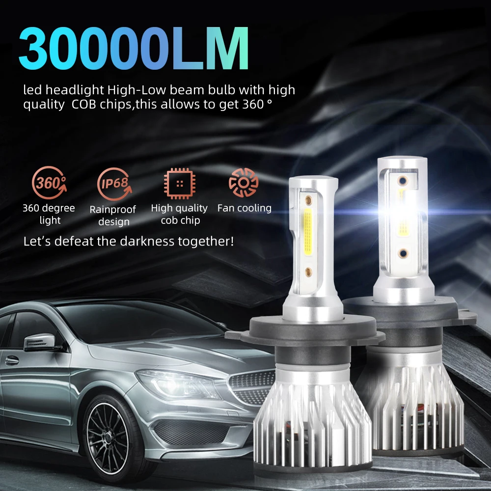 Farol de Carro LED 30000LM H1 H4 H11 H13 9005 HB3 9006 HB4 9004 9007 9012 HIR2 Turbo Lâmpada Automotiva 12V 6000K Faróis de Carro H7