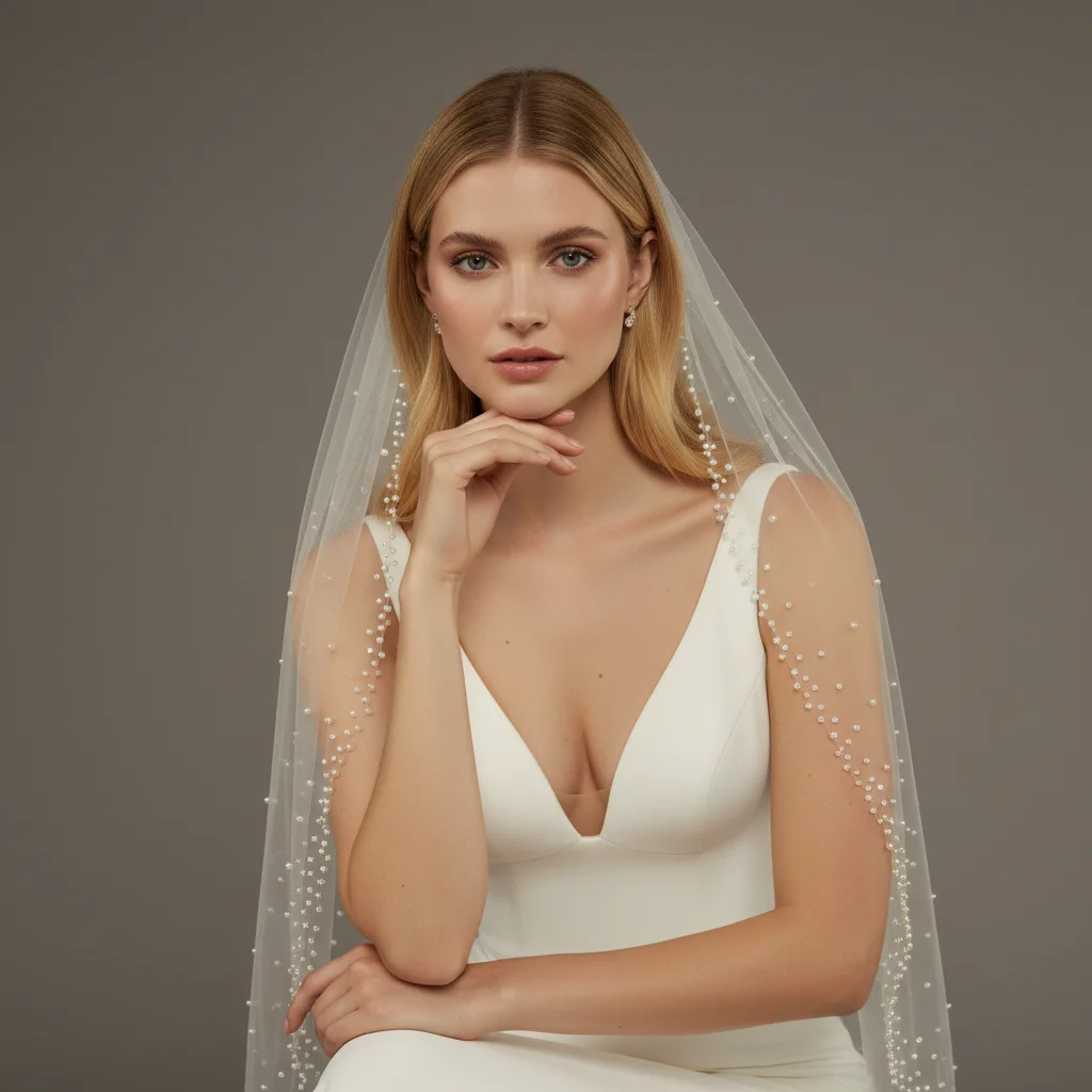 Véu de casamento romântico com bolinhas de pérola, véu de casamento gracioso com design leve e sutil frisado g40