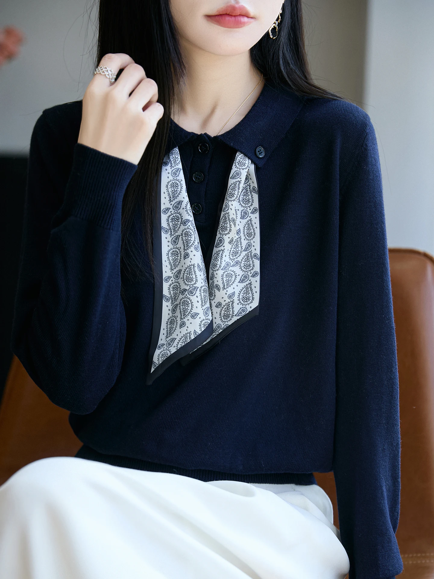 

Ранняя осень, вязаная основа irt, женский шелковый шарф с откидным воротником, внутренняя одежда, модный женский свитер большого размера, мягкий стандартный крой