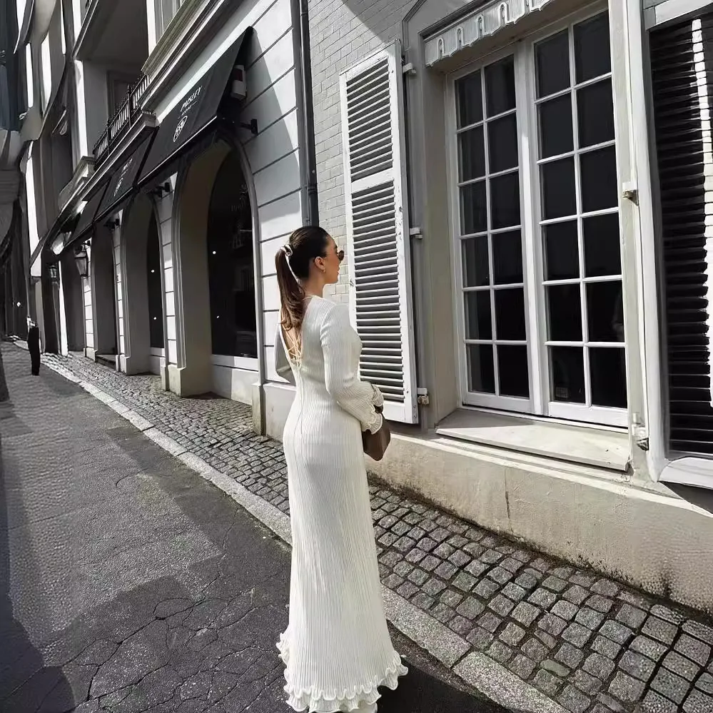 Elegant White Knitted Wedding Guest Dress Woman Ruffle Flare Long Sleeve Backless Lace Up Lacework Fishtail Vacation Sundress