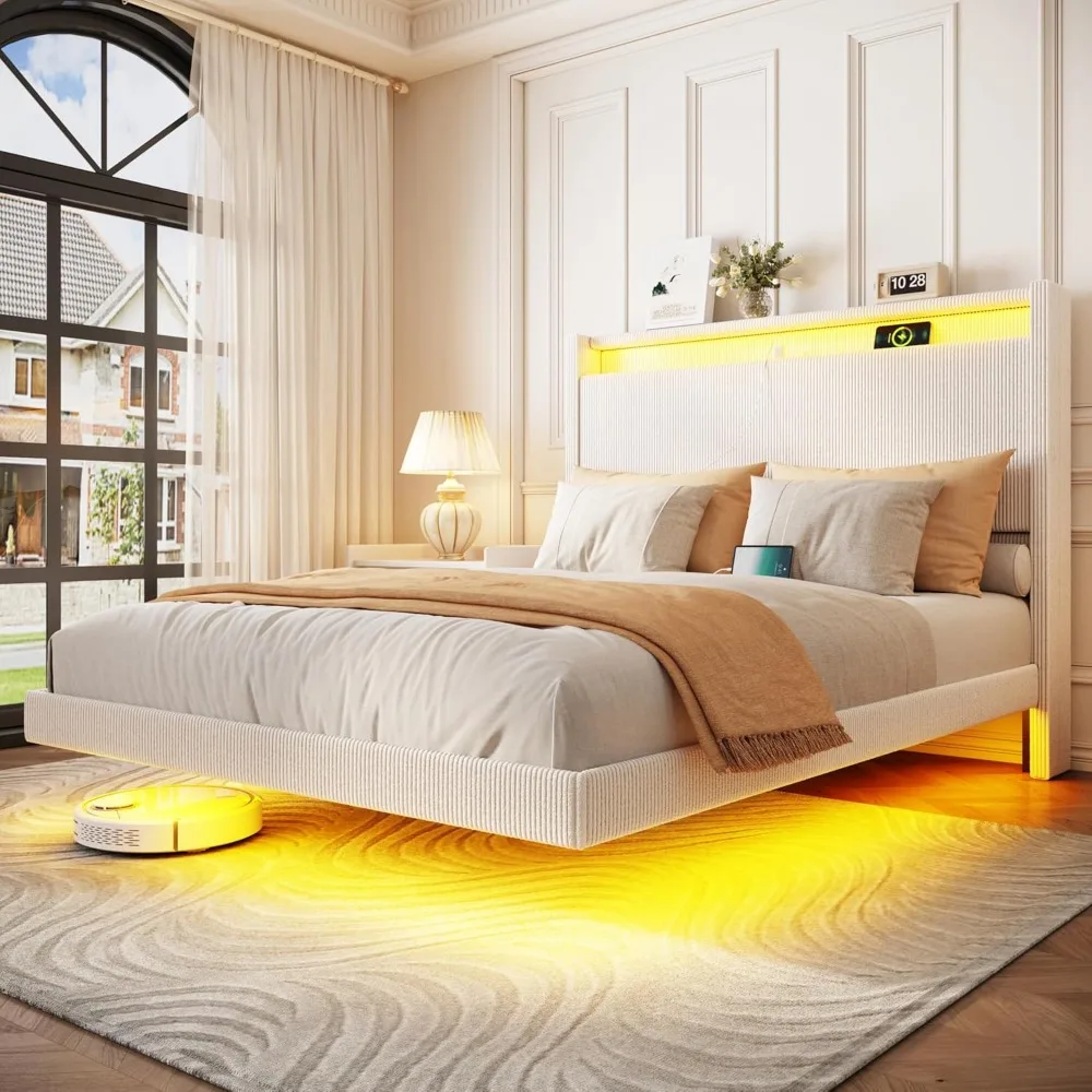 Floating Bed Frame Metal Platform Bed with Charging Station, LED Lights, Comfy Corduroy, Tall Headboard Queen Bed Frame