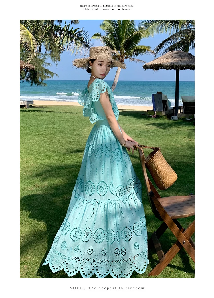 Boho Hollowed Out Lace Hook Flower Summer Dress Women Turquoise Flying  Sleeve V-neck Fairy Vacation Dress Casual Party Dress - AliExpress 200000345