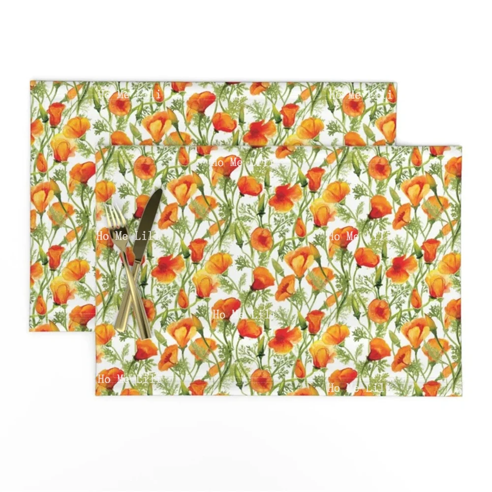 California Poppies Small Orange Wildflowers Fleurs De Provence Vintage Floral Blue White Flowers Polyester Fabric Placemats