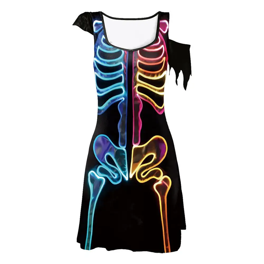 Halloween Skeleton Horror Dr k Sle Polyestervezel ort Sve Onregelmatige zoom Midi Dr voor dames Busin Occ...