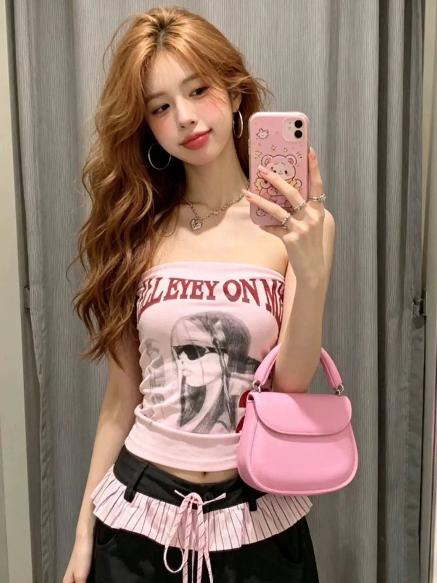 Dopamine Pink Strapless Vest Women's Slim Fit Summer New Style Letter Design Sensation Slimming Top Integrated Pad Short Length