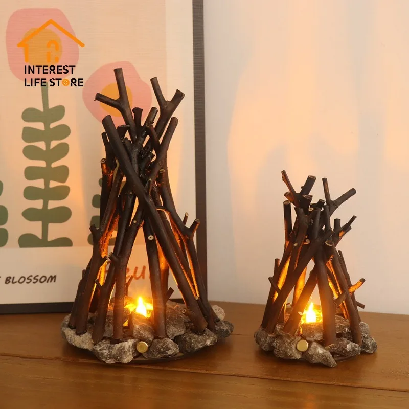 

Creative LED Burning Bonfire Night Light Handmade Tree Branch Shape Home 3D Desktop Decorations Rechargeable 3 Modes with Sound