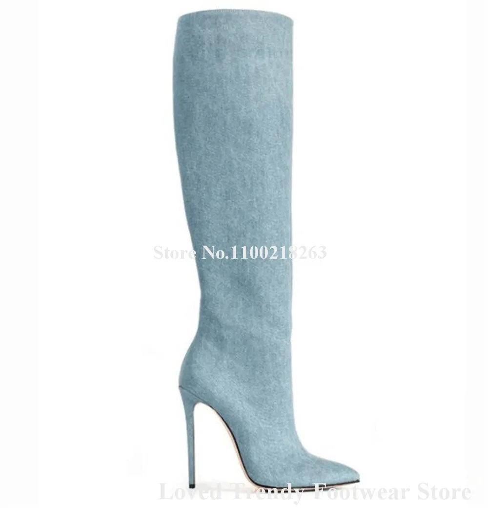 Elegant Style Denim Stiletto Heel Knee High Boots Slim Stlye Pointed Toe Dark Light Blue Thin Heel Long Boots Big Size Boots