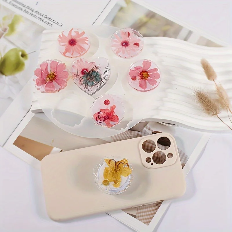 11Pcs, Irregular Phone Holder Molds DIY Resin Heart-Shaped and Round Silicone Mold Set, 1Pc Mold & 10Pcs Phone Holders, Full Set of Heart-Shaped Coasters, Hanging Pendants Silicone Molds, Reusable, High-Frequency Use, for Personal Use, Gift for Friends and Family, Creative Holiday Gifts. view 2