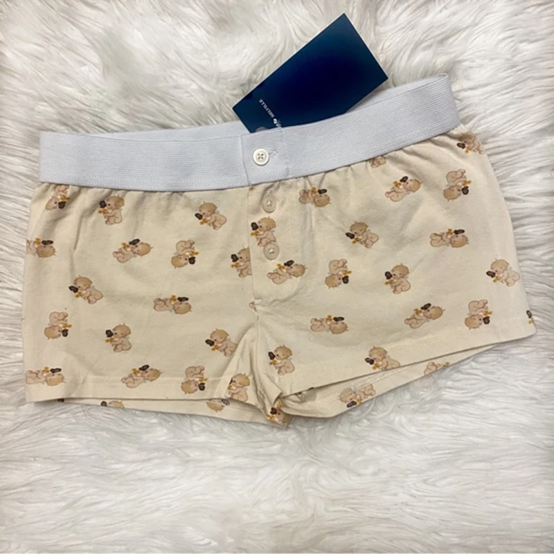 Desenhos animados Imprimir Boyshorts Slim Fit para Mulheres, Button Down, Cintura Baixa, Loungewear Inferior, Pijama Retro, Estético, Y2K Cottage, 2000s