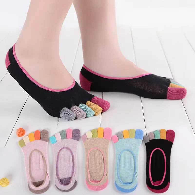 

5 Pair Summer Toe Socks for Women Patchwork Color Pink Toe Socks Cotton Seamless for All-Day Wear Five-Finger Socks