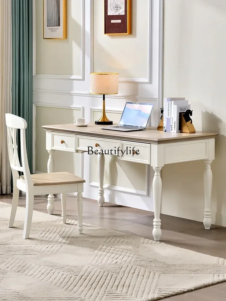 

FG**American white cream style all solid wood desk simple American style writing desk table