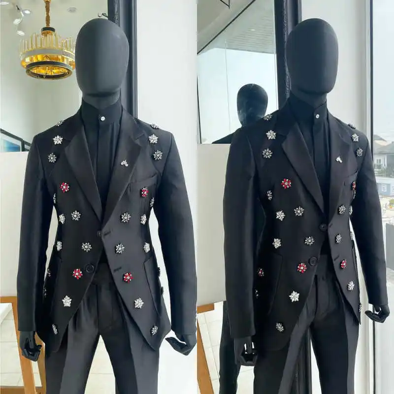 Stylish Wedding Tuxedos Crystal Notched Lapel Single Breasted Men Suit Classic Jacket Pant Set Groom Evening Blazers Customized