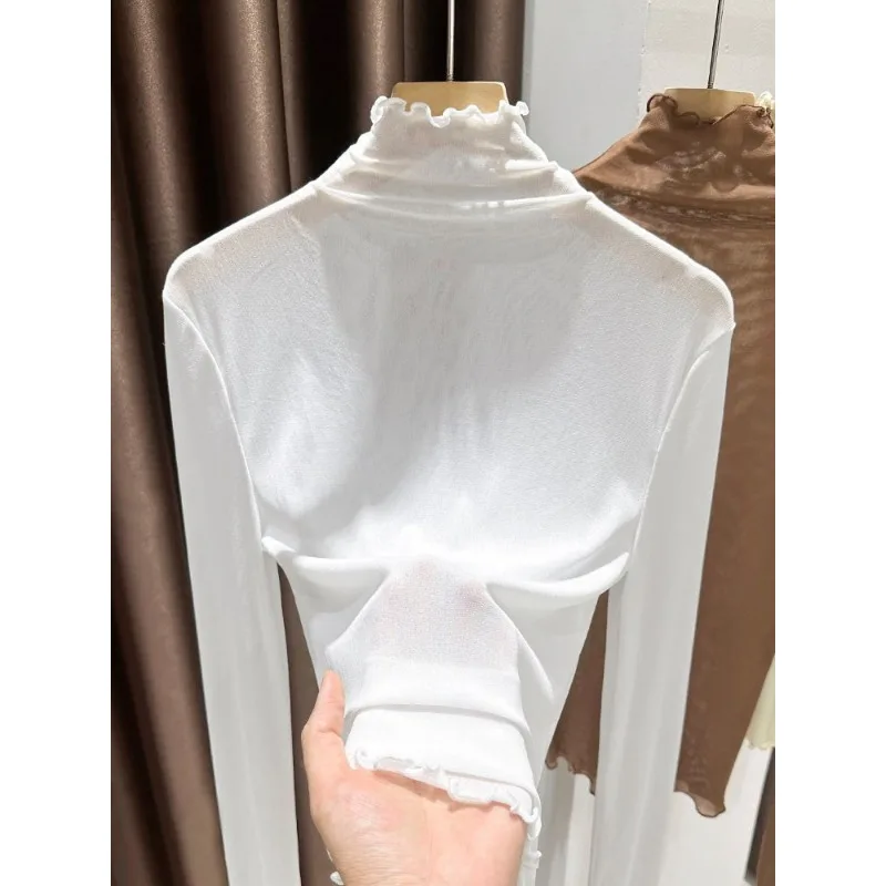 

High-end Solid Color Elegant Mesh Long-sleeved Bottoming Shirt for Women in Autumn Thin Style Half Turtleneck T-shirt Top