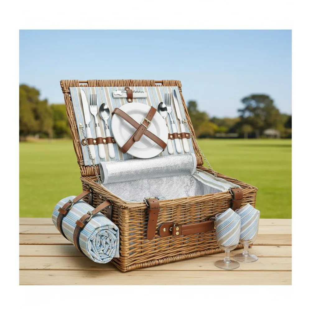 

2-Person Picnic Basket Set with Insulated Cooler, Waterproof Blanket & Cutlery - Classic Brown Outdoor Hamper