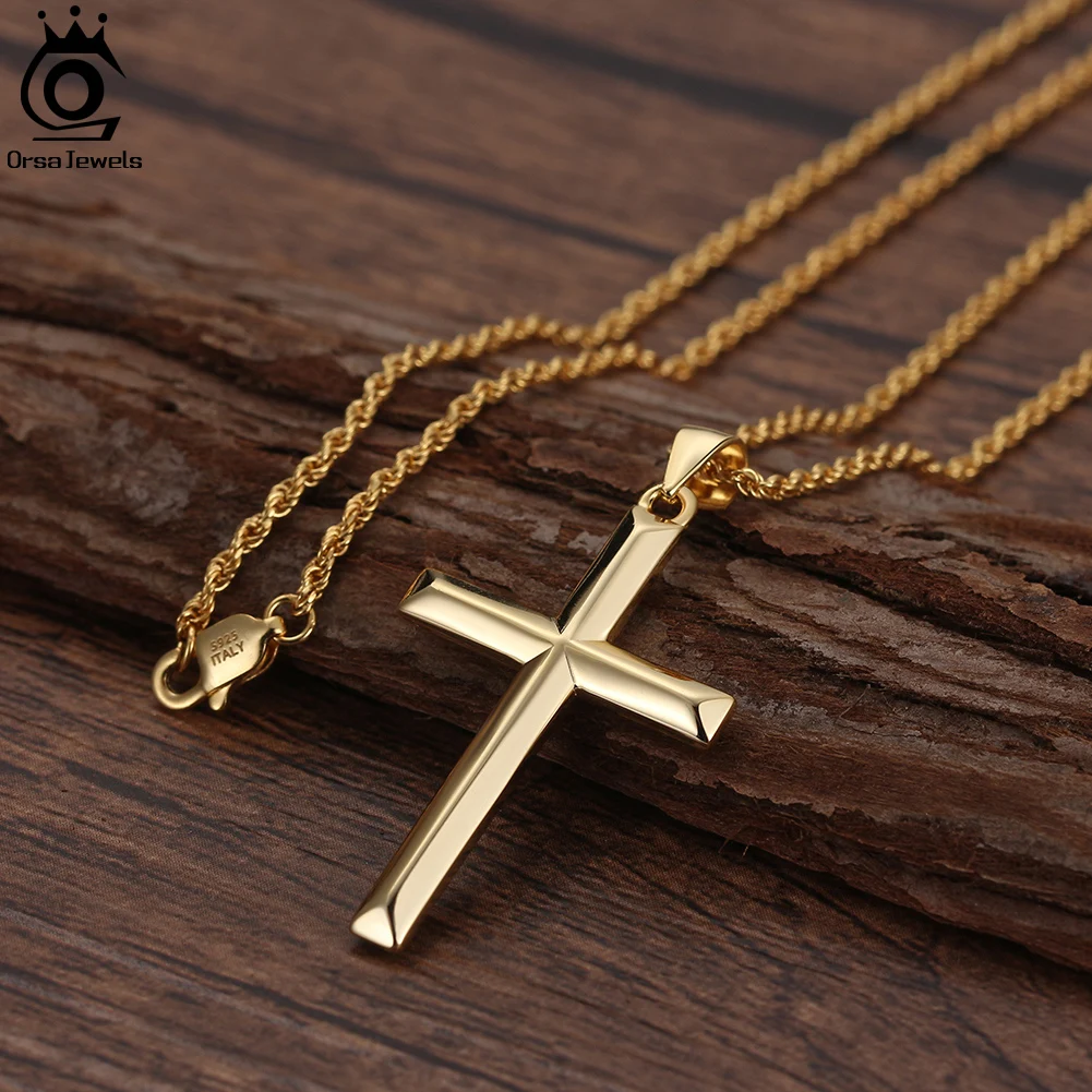 ORSA JEWELS Klasyczny naszyjnik z krzyżem z 14-karatowego złota dla mężczyzn i kobiet Naszyjnik ze srebra próby 925 Chrześcijańska biżuteria religijna NMN01