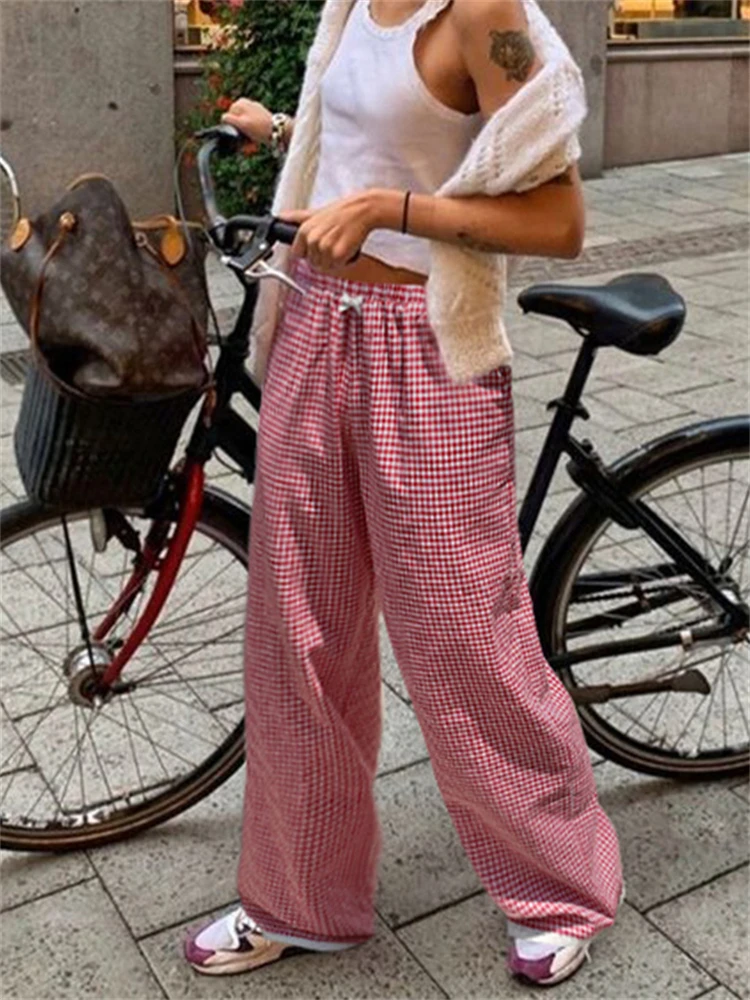 Absobe Y2K Bow Spliced Lace Plaid Loose Casual Pants Women Elastic Waist Wide Leg Trousers 2024 Autumn New Sweet Streetwear