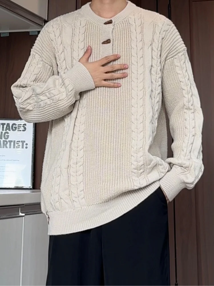 

Men's Autumn Winter Knitted Sweater Twist American Retro Sle Loose Fit Comfortable Soft Polyester round Ne Long Sve Top