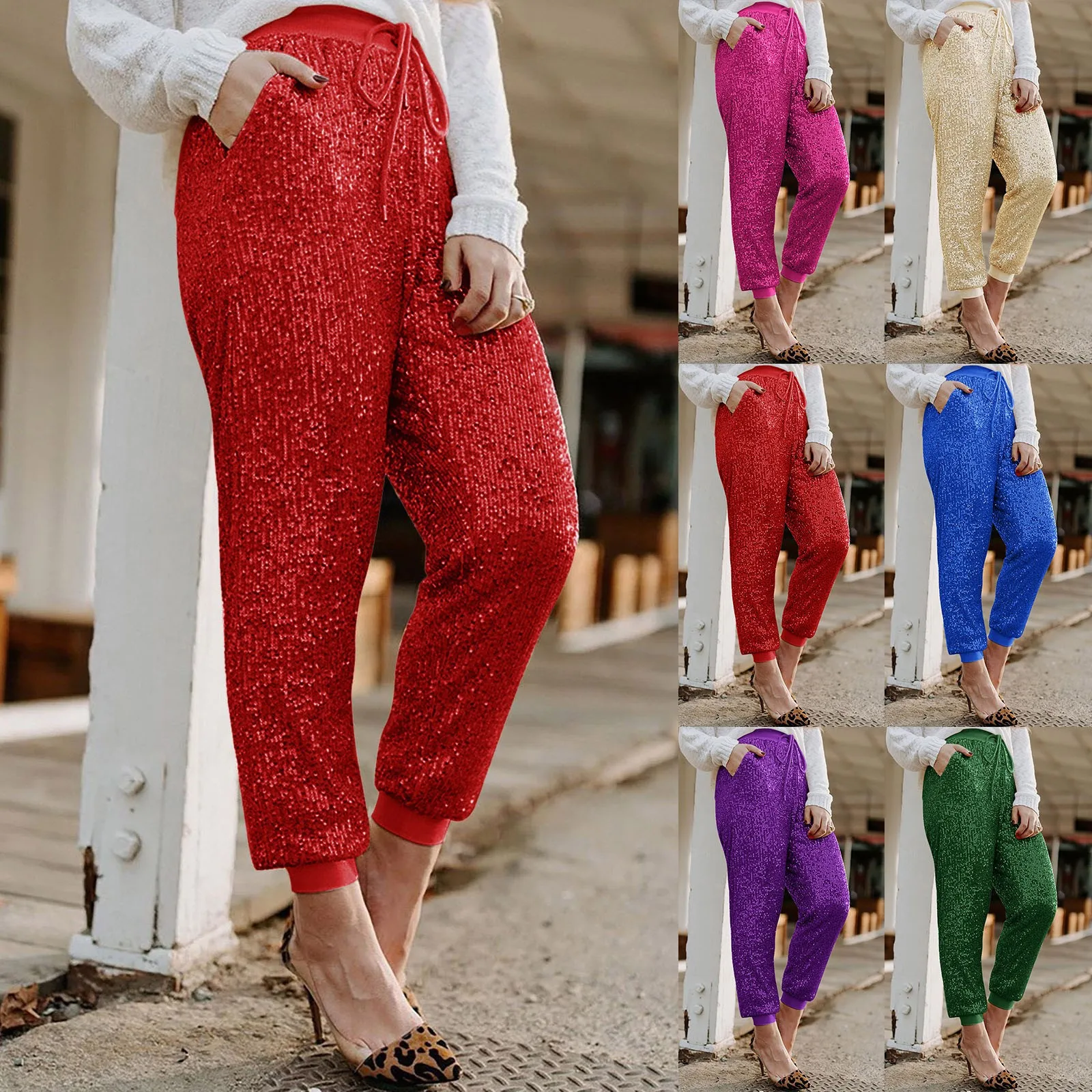 

Women's Shiny Sequined Pants Fashion High Waist Baggy Trousers Streetwear Sparkly Glitter Casual Ladies Pantalones