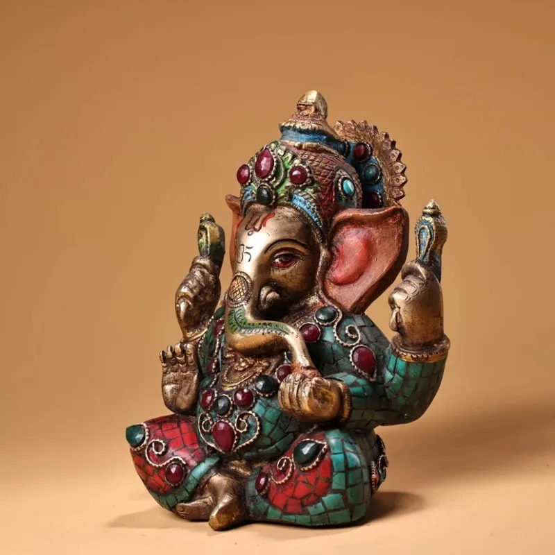 Temple Collection Old Bronze Outline in gold Mosaic Gem Turquoise Ganesha Elephant Head Sitting Buddha Worship Hall