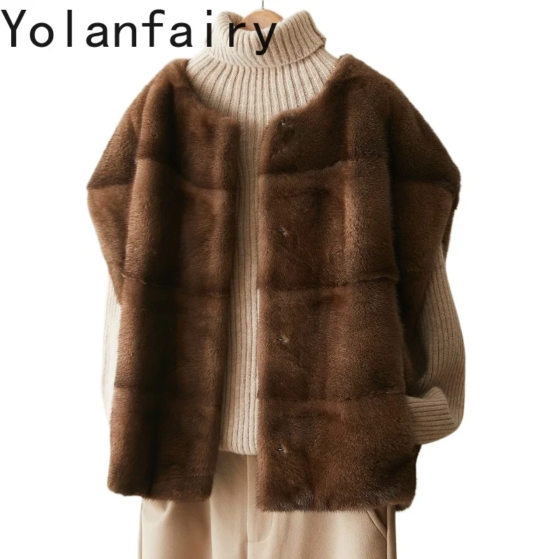 

YOLANFAIRY Натуральный меховой жилет для женщин, роскошная зимняя куртка из цельного меха норки, безрукавка с круглым вырезом, жилетка Veste Femmes