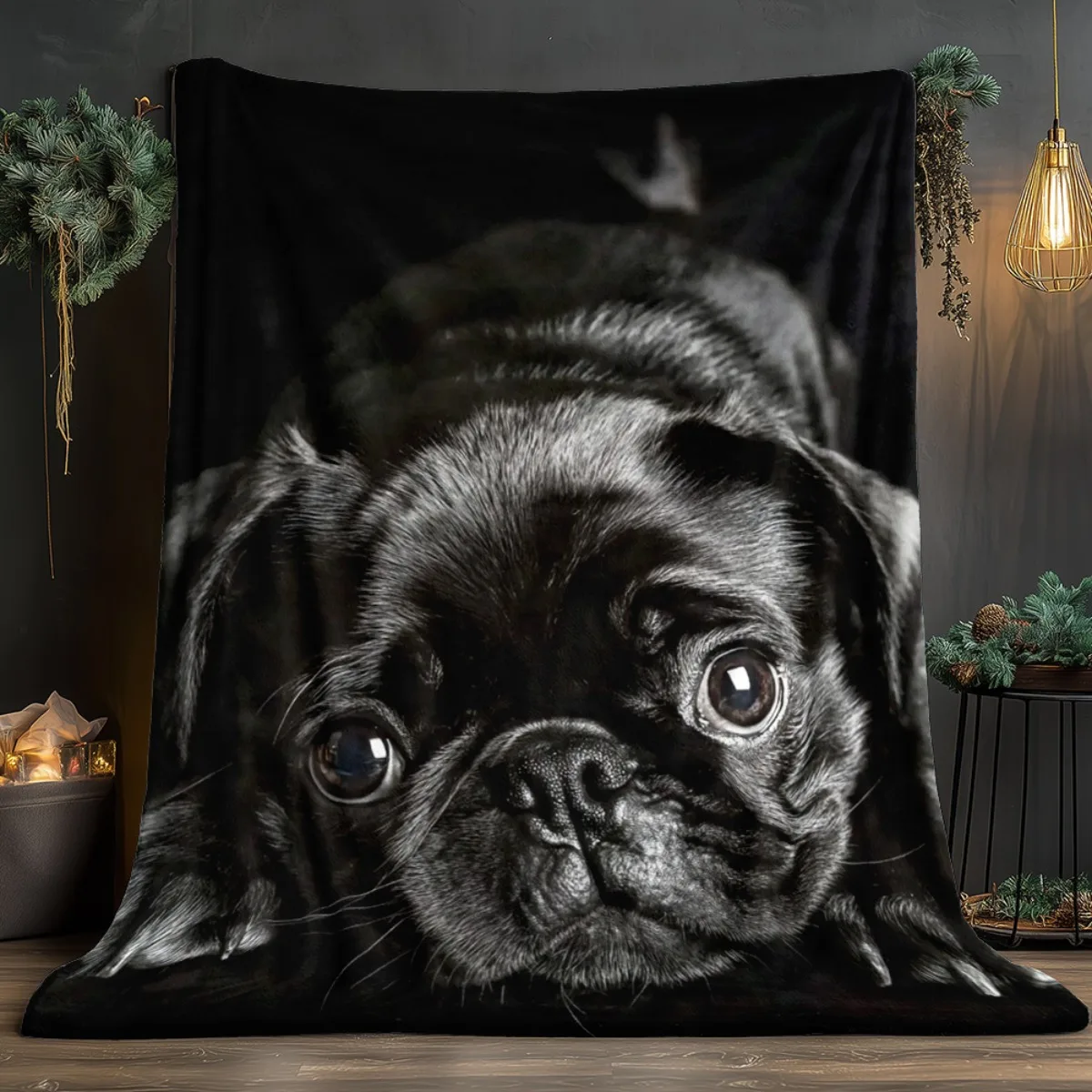 1pc Black Pug Dog Blanket- Lightweight Throw for Sofa, Outdoor, Camping, Livingroom, Office, Chair, And Bed - Digital Printing