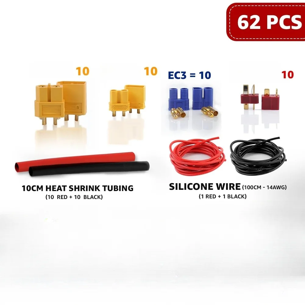 62PCS RC Connector Kit 14AWG Silicone Wire For XT60 EC3 T Plug- Male Female Battery Lead- Set For FPV Drone- Car Tool Part