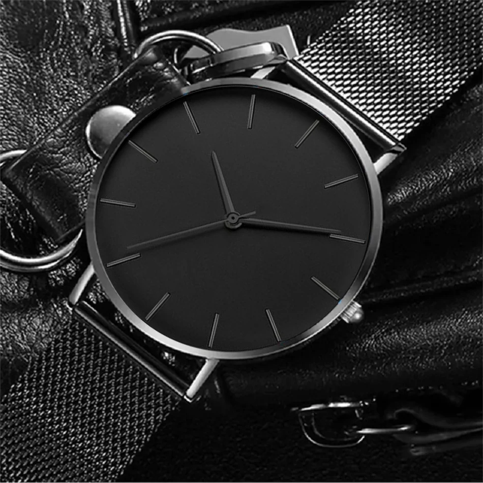 Jam tangan Ultra tipis pria, 3PCS Set Fashion kasual bisnis tali tangan kalung jala Stainless Steel sabuk Quartz