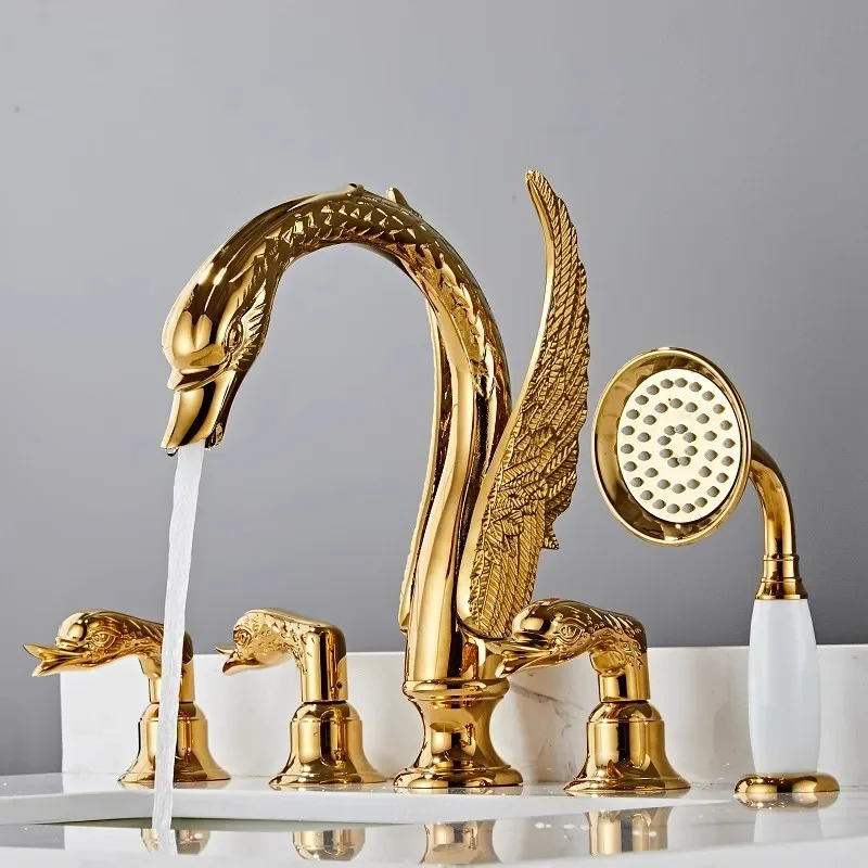 Widespread Gold Bathtub Faucet Brass Swan Waterfall Basthtub Mixer Deck Mounted Bath tub Faucet Mixer Bathtub Basin Water Tap