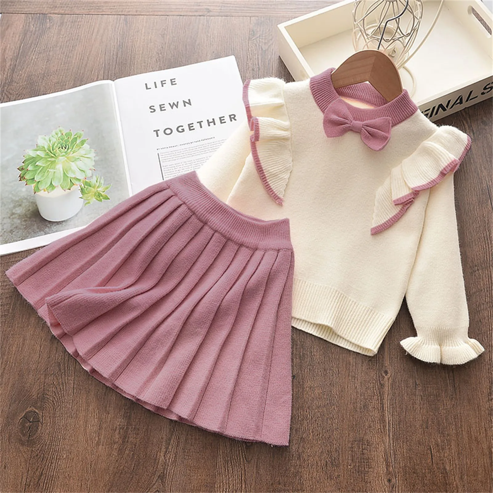 PatPat 2pcs Skirt Dresses Kids Clothes Girls Toddler Children Bowknot Flounced Knitted Top and Pleated Set Party Dress