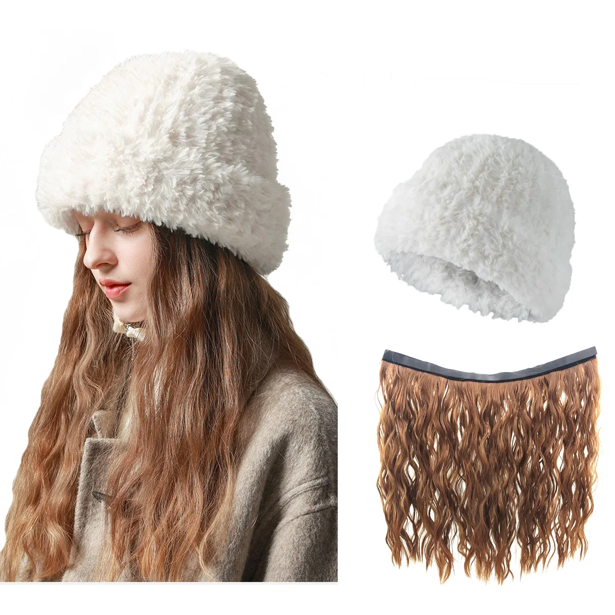 NOOFNO Fall/Winter Beanies Wigs for Women,Thick Plush Skull Warm Wool Knitted Hat with Hair  Attached,White Women's Cap Wig